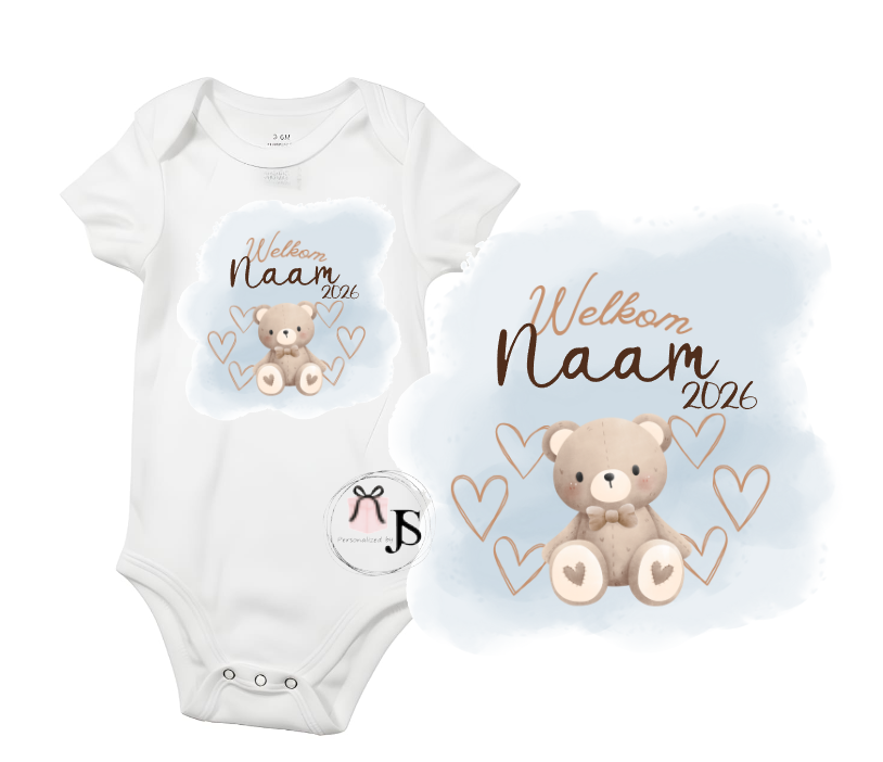 Baby romper: ''Welkom + Naam+ Jaar''